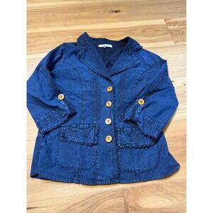 Giocam Embroidered Cotton Jacket Women L Blue Soutache Button Front 3/4 Sleeve